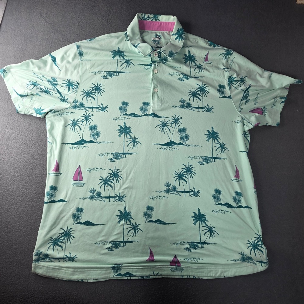 Puma Golf Mens XL Polo Shirt Mint Green Tropical Palm Tree Sailboat Print XL